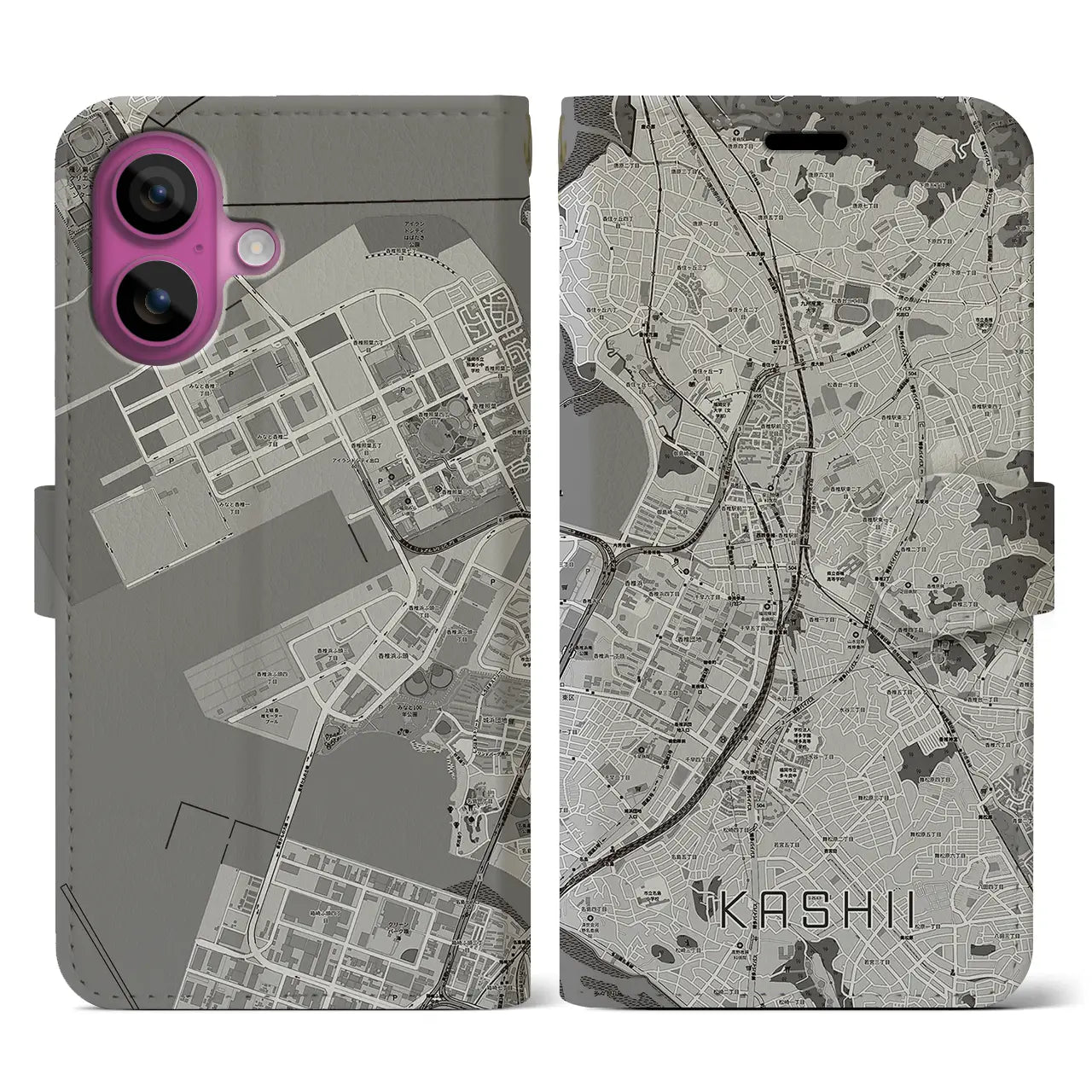 【香椎(福岡県)】地図柄iPhoneケース(手帳タイプ)モノトーン・iPhone 16 Pro 用