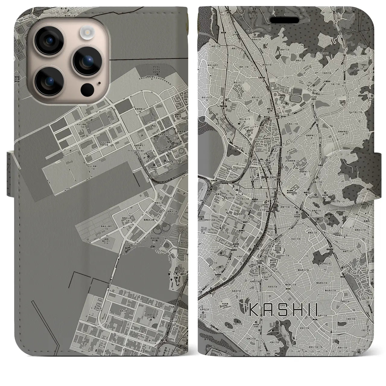 【香椎(福岡県)】地図柄iPhoneケース(手帳タイプ)モノトーン・iPhone 16 Plus 用