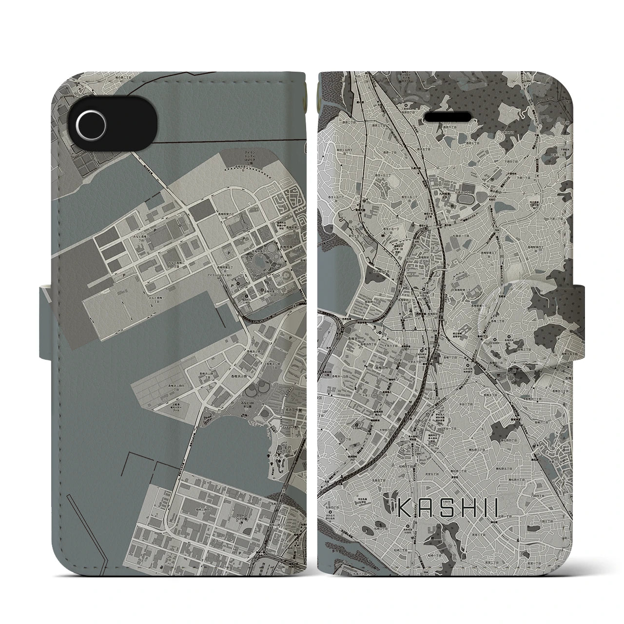 【香椎(福岡県)】地図柄iPhoneケース(手帳タイプ)モノトーン・iPhone SE(第3 / 第2世代) / 8 / 7 / 6s / 6 用