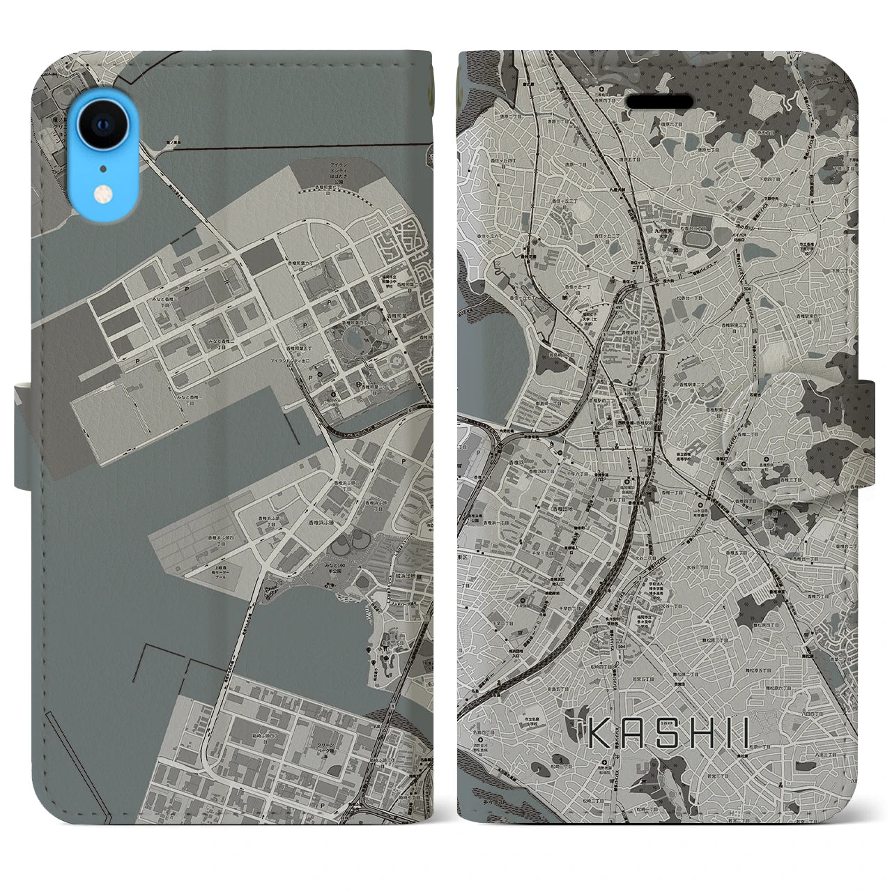 【香椎(福岡県)】地図柄iPhoneケース(手帳タイプ)モノトーン・iPhone XR 用