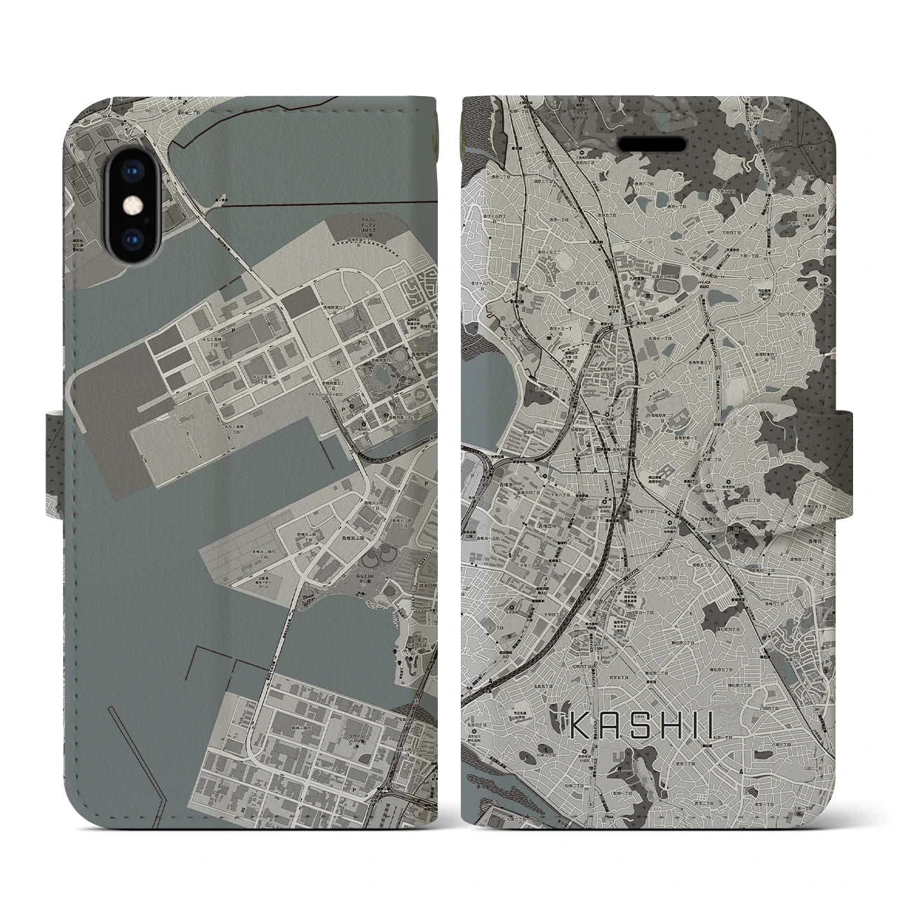 【香椎(福岡県)】地図柄iPhoneケース(手帳タイプ)モノトーン・iPhone XS / X 用