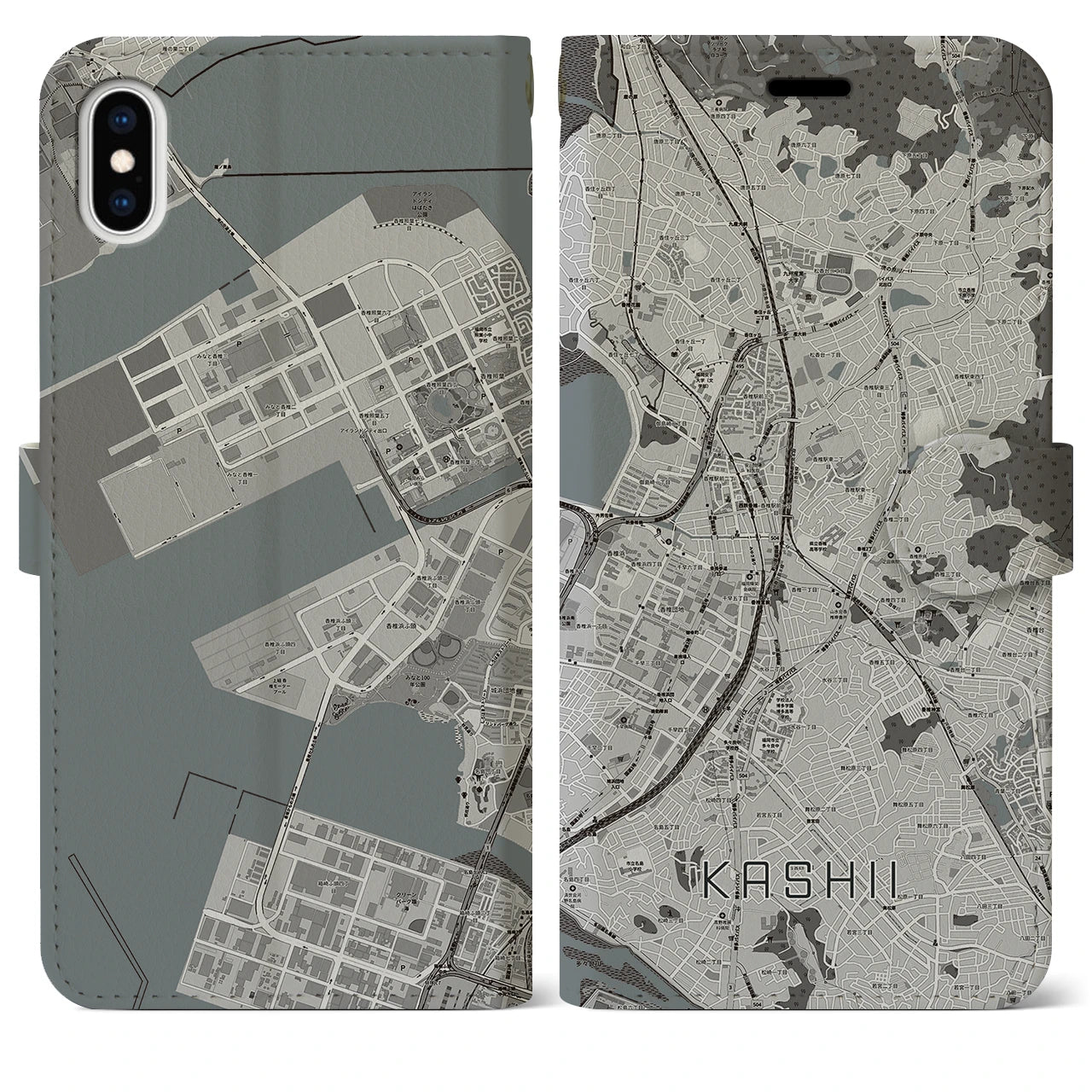 【香椎(福岡県)】地図柄iPhoneケース(手帳タイプ)モノトーン・iPhone XS Max 用