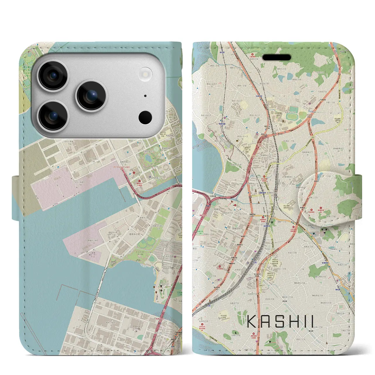 【香椎(福岡県)】地図柄iPhoneケース(手帳タイプ)ナチュラル・iPhone 17 Pro Max 用