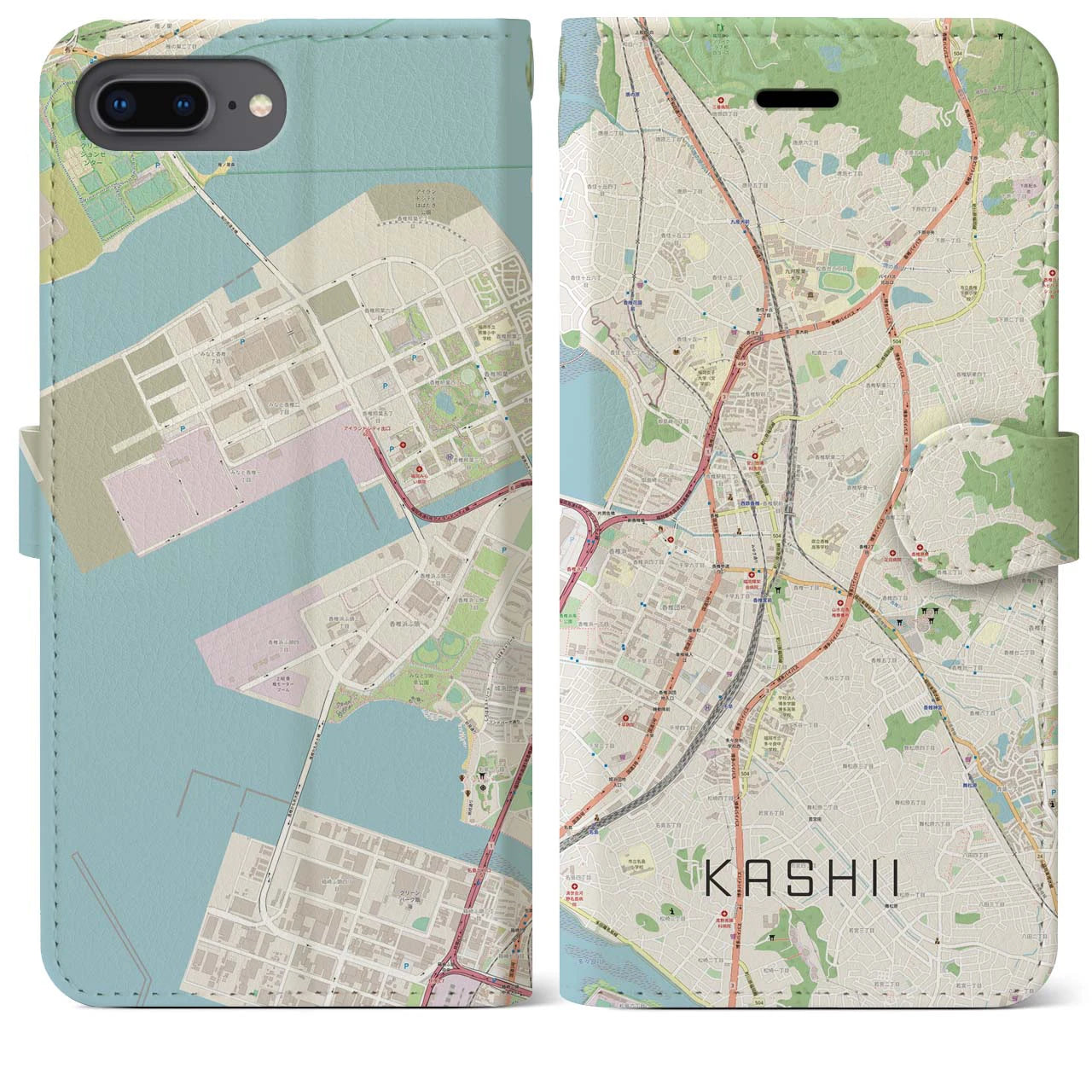 【香椎(福岡県)】地図柄iPhoneケース(手帳タイプ)ナチュラル・iPhone 8Plus /7Plus / 6sPlus / 6Plus 用