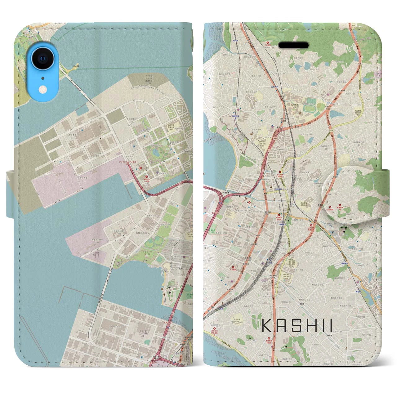 【香椎(福岡県)】地図柄iPhoneケース(手帳タイプ)ナチュラル・iPhone XR 用