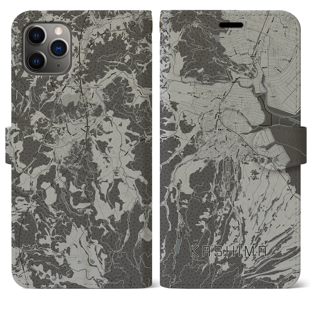 【鹿島(佐賀県)】地図柄iPhoneケース(手帳タイプ)モノトーン・iPhone 11 Pro Max 用