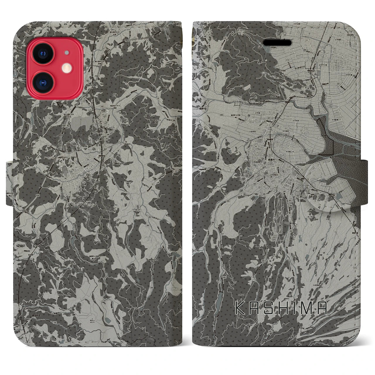 【鹿島(佐賀県)】地図柄iPhoneケース(手帳タイプ)モノトーン・iPhone 11 用