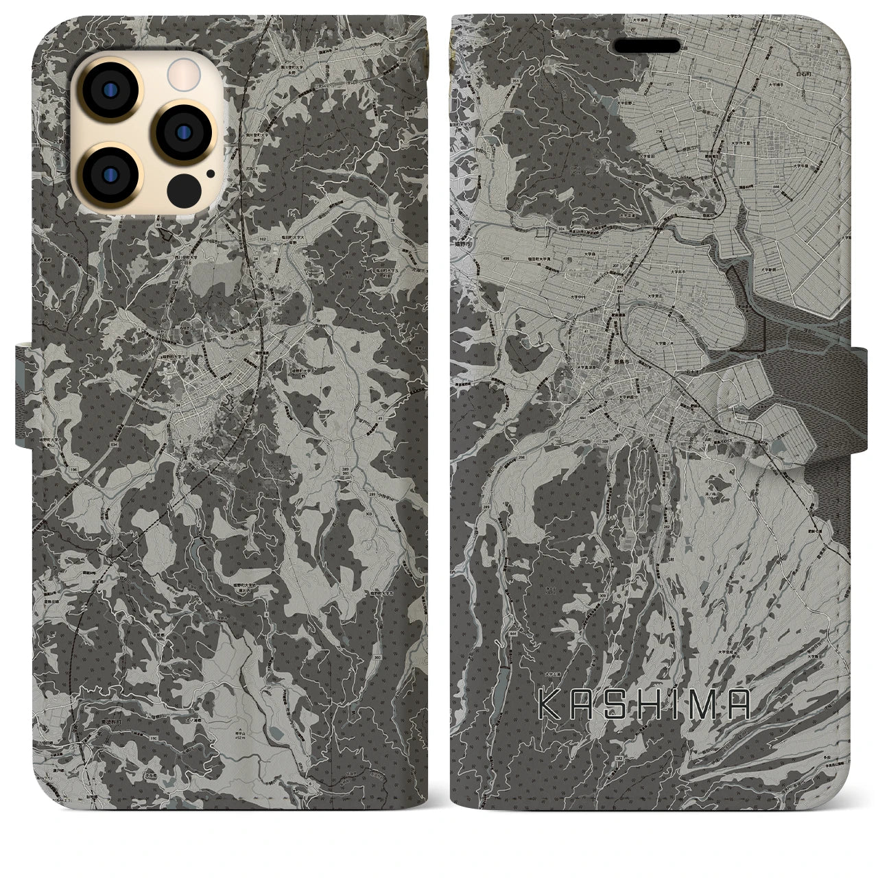 【鹿島(佐賀県)】地図柄iPhoneケース(手帳タイプ)モノトーン・iPhone 12 Pro Max 用