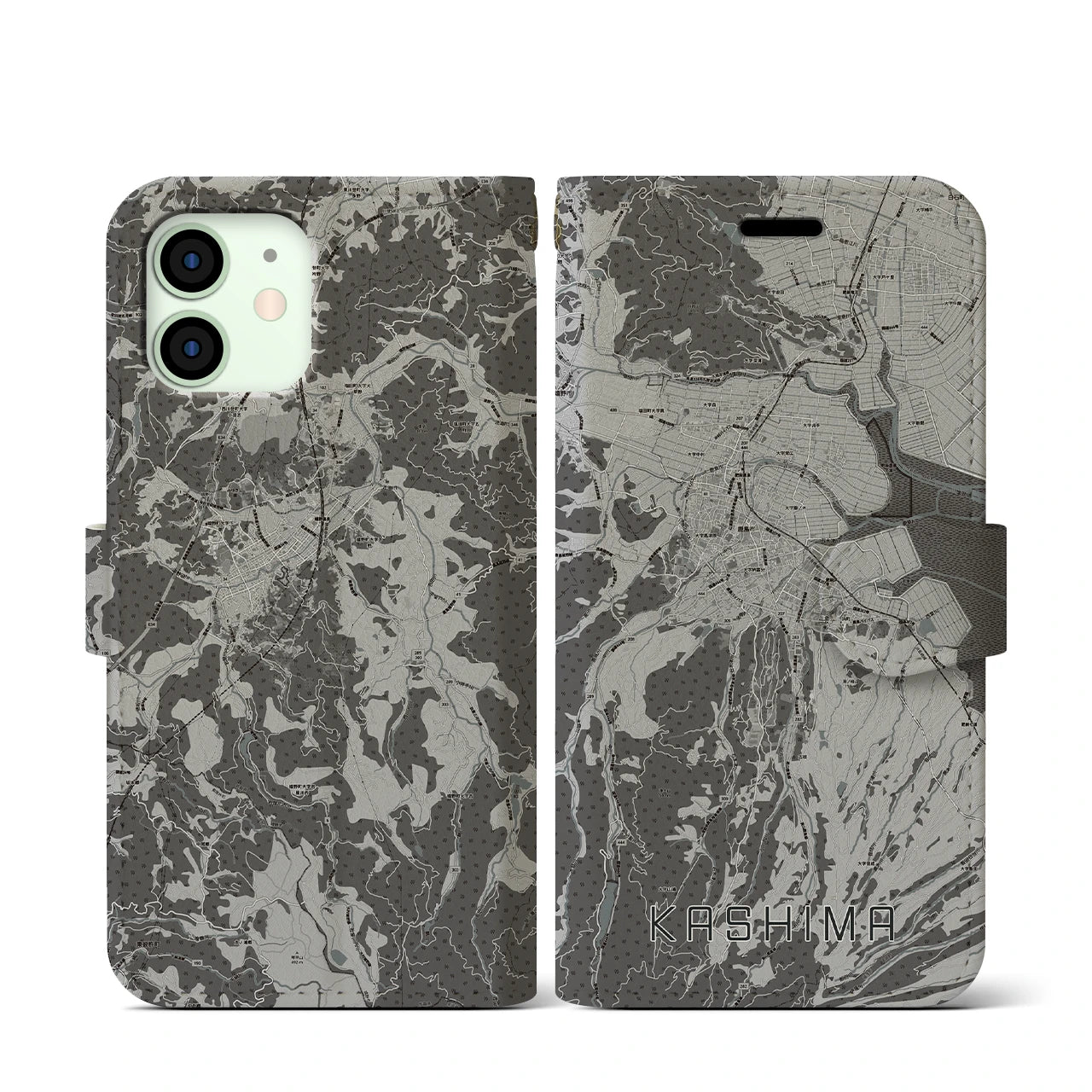 【鹿島(佐賀県)】地図柄iPhoneケース(手帳タイプ)モノトーン・iPhone 12 mini 用