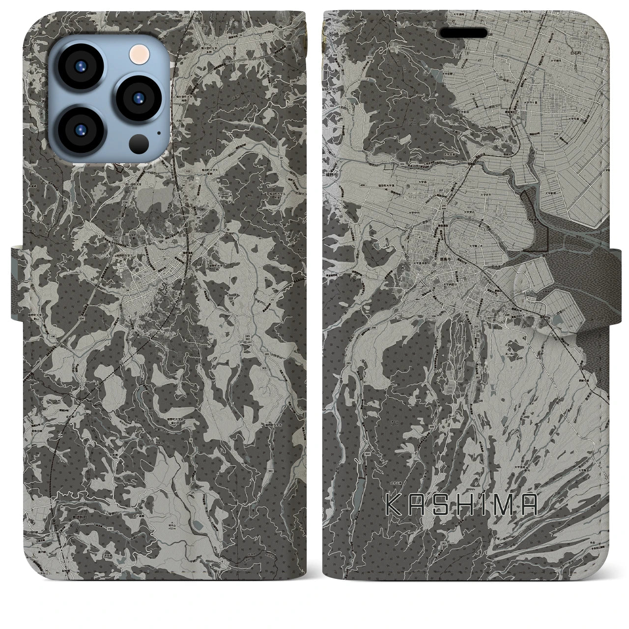 【鹿島(佐賀県)】地図柄iPhoneケース(手帳タイプ)モノトーン・iPhone 13 Pro Max 用