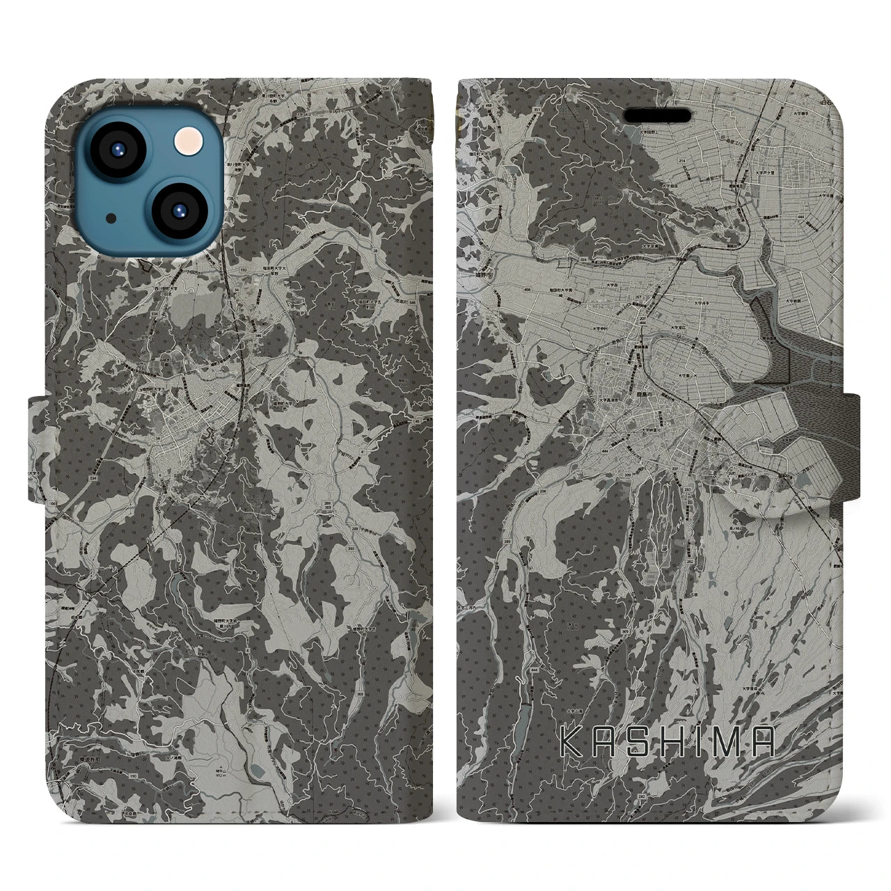 【鹿島(佐賀県)】地図柄iPhoneケース(手帳タイプ)モノトーン・iPhone 13 用