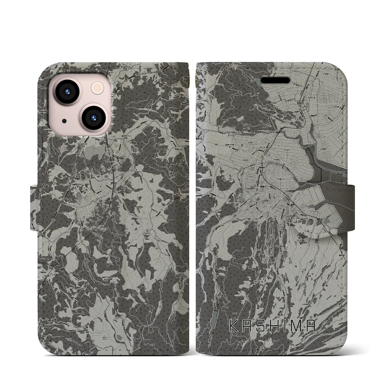 【鹿島(佐賀県)】地図柄iPhoneケース(手帳タイプ)モノトーン・iPhone 13 mini 用