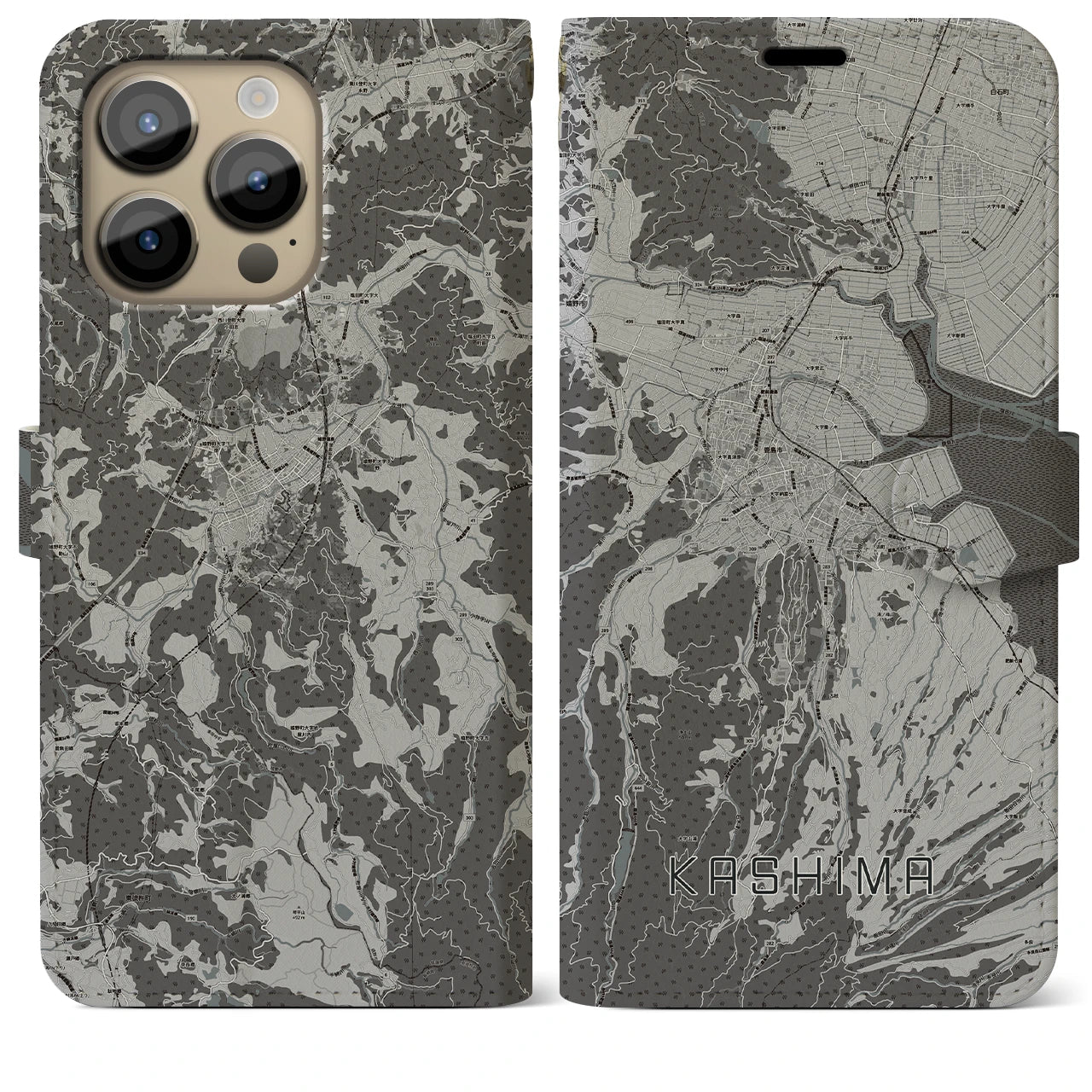 【鹿島(佐賀県)】地図柄iPhoneケース(手帳タイプ)モノトーン・iPhone 14 Pro Max 用