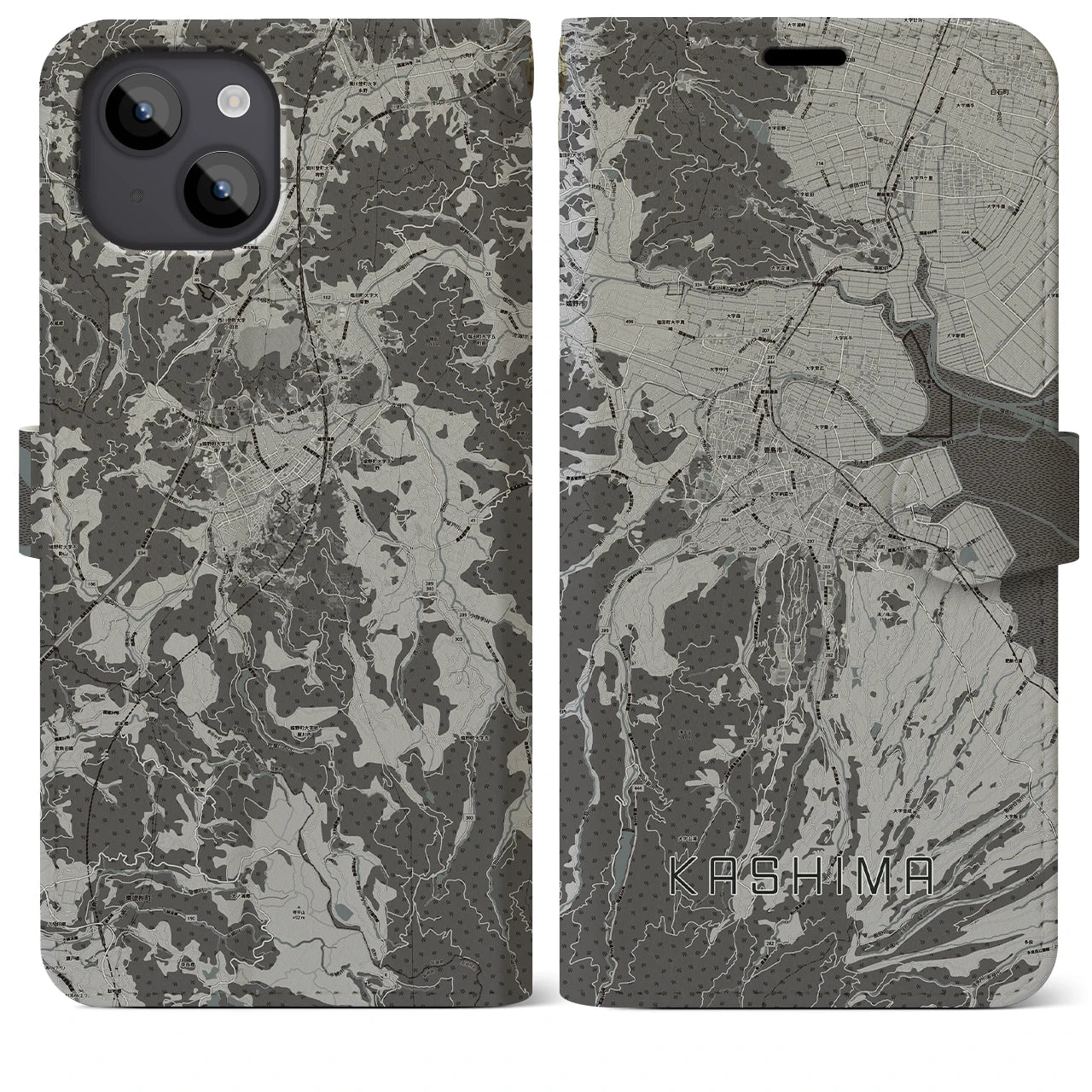 【鹿島(佐賀県)】地図柄iPhoneケース(手帳タイプ)モノトーン・iPhone 14 Plus 用