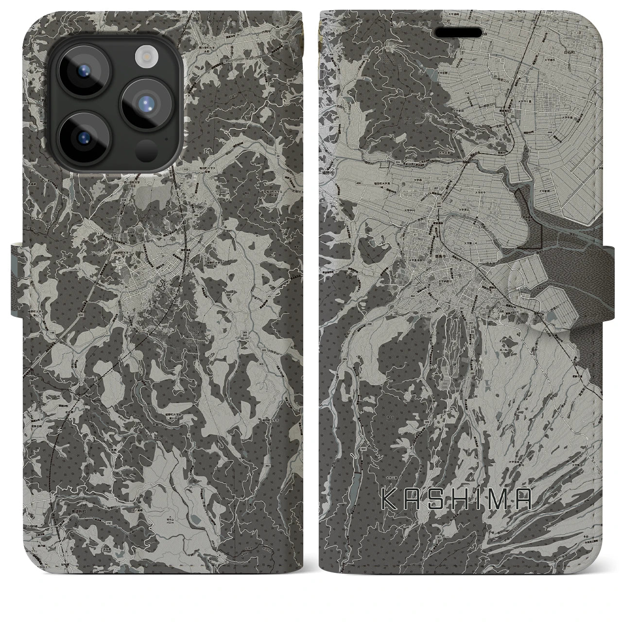【鹿島(佐賀県)】地図柄iPhoneケース(手帳タイプ)モノトーン・iPhone 15 Pro Max 用