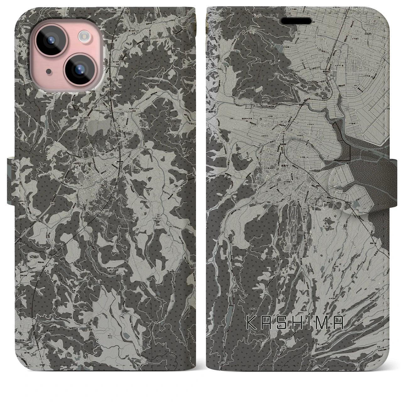 【鹿島(佐賀県)】地図柄iPhoneケース(手帳タイプ)モノトーン・iPhone 15 Plus 用