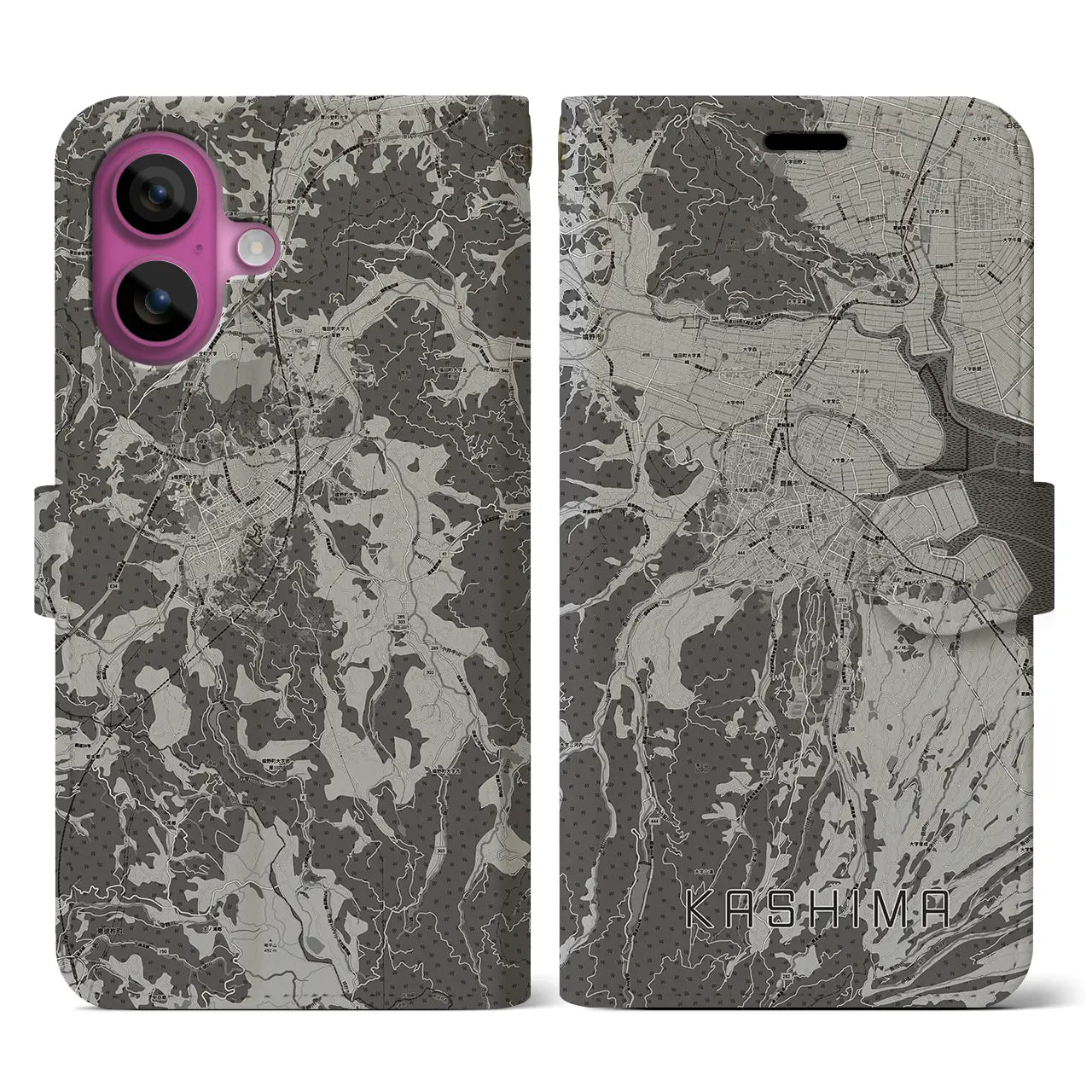 【鹿島(佐賀県)】地図柄iPhoneケース(手帳タイプ)モノトーン・iPhone 16 Pro 用