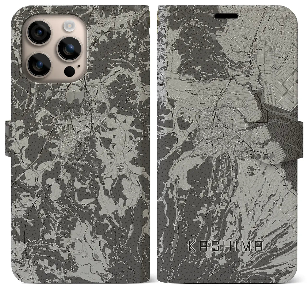 【鹿島(佐賀県)】地図柄iPhoneケース(手帳タイプ)モノトーン・iPhone 16 Plus 用