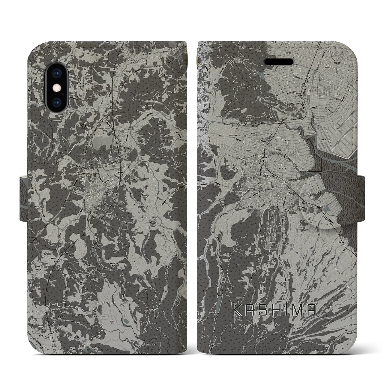 【鹿島(佐賀県)】地図柄iPhoneケース(手帳タイプ)モノトーン・iPhone XS / X 用
