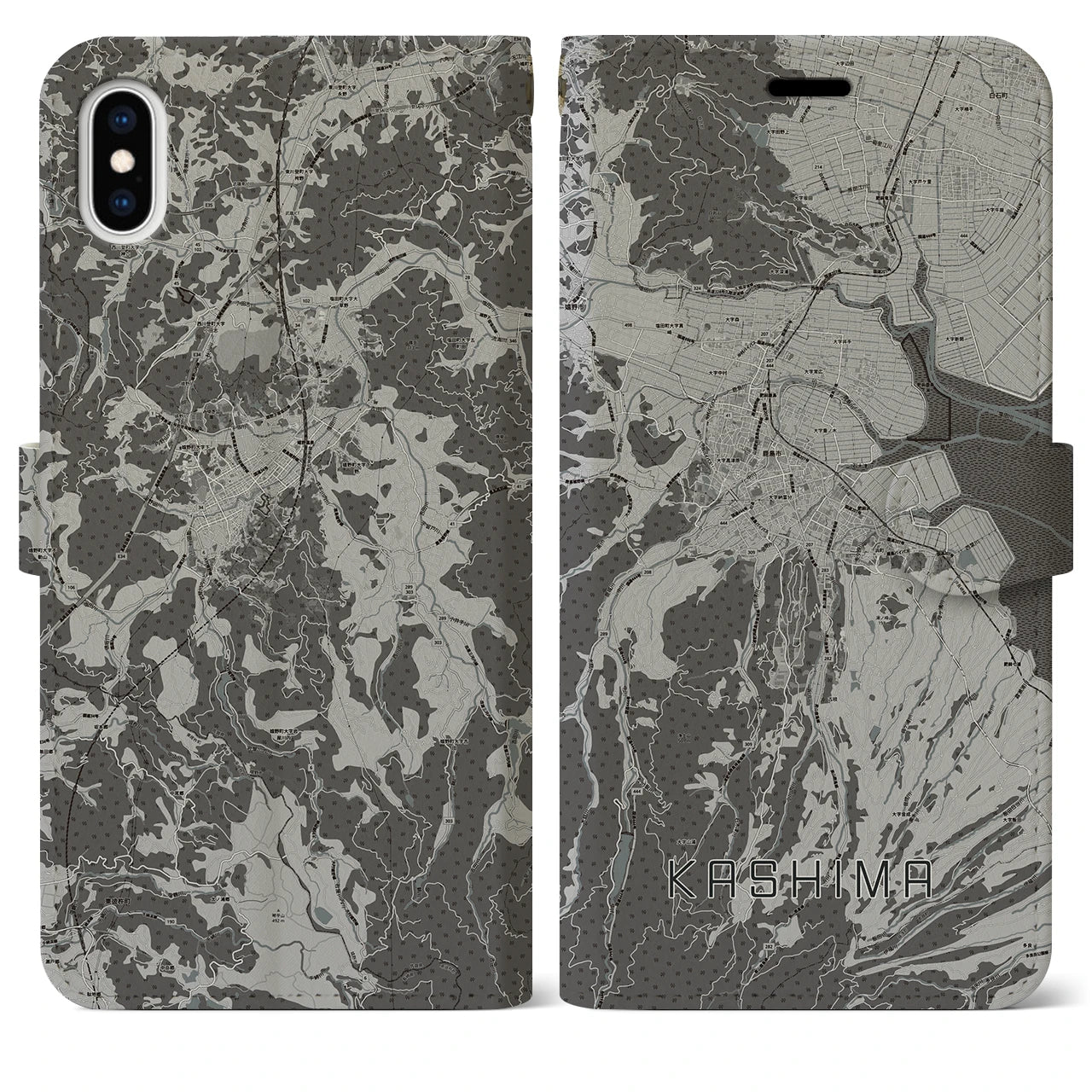 【鹿島(佐賀県)】地図柄iPhoneケース(手帳タイプ)モノトーン・iPhone XS Max 用