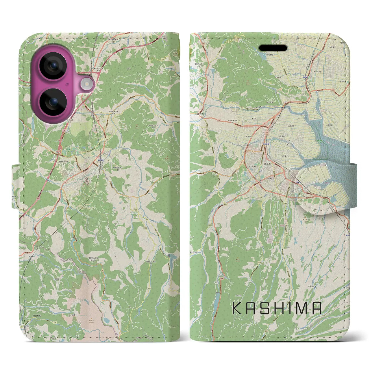 【鹿島(佐賀県)】地図柄iPhoneケース(手帳タイプ)ナチュラル・iPhone 16 Pro 用