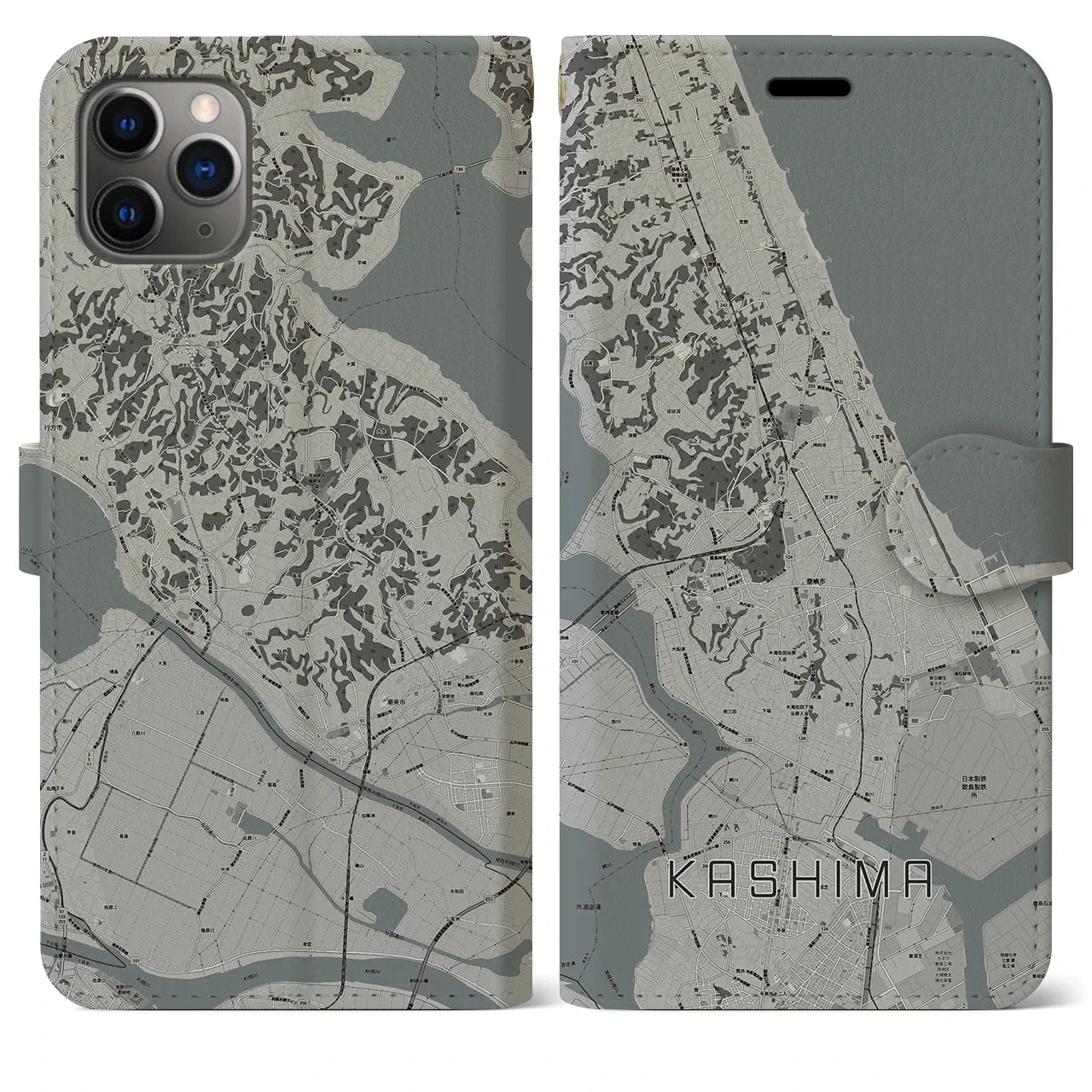 【鹿島(茨城県)】地図柄iPhoneケース(手帳タイプ)モノトーン・iPhone 11 Pro Max 用