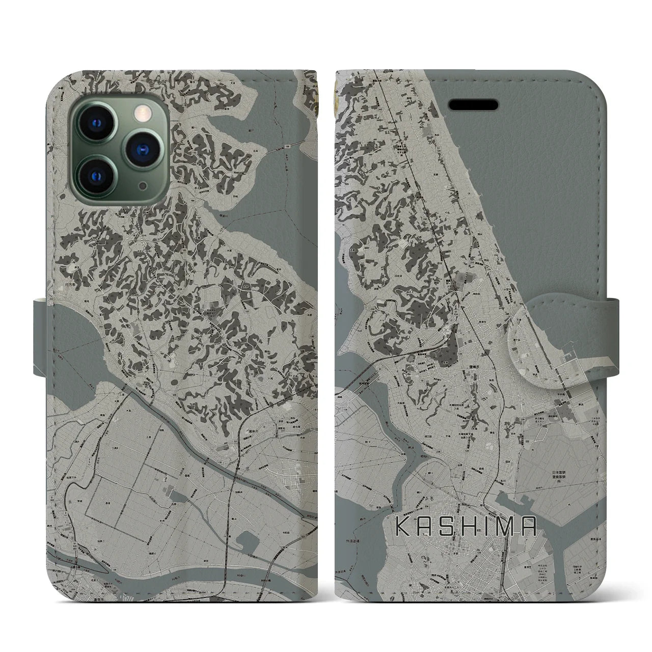 【鹿島(茨城県)】地図柄iPhoneケース(手帳タイプ)モノトーン・iPhone 11 Pro 用