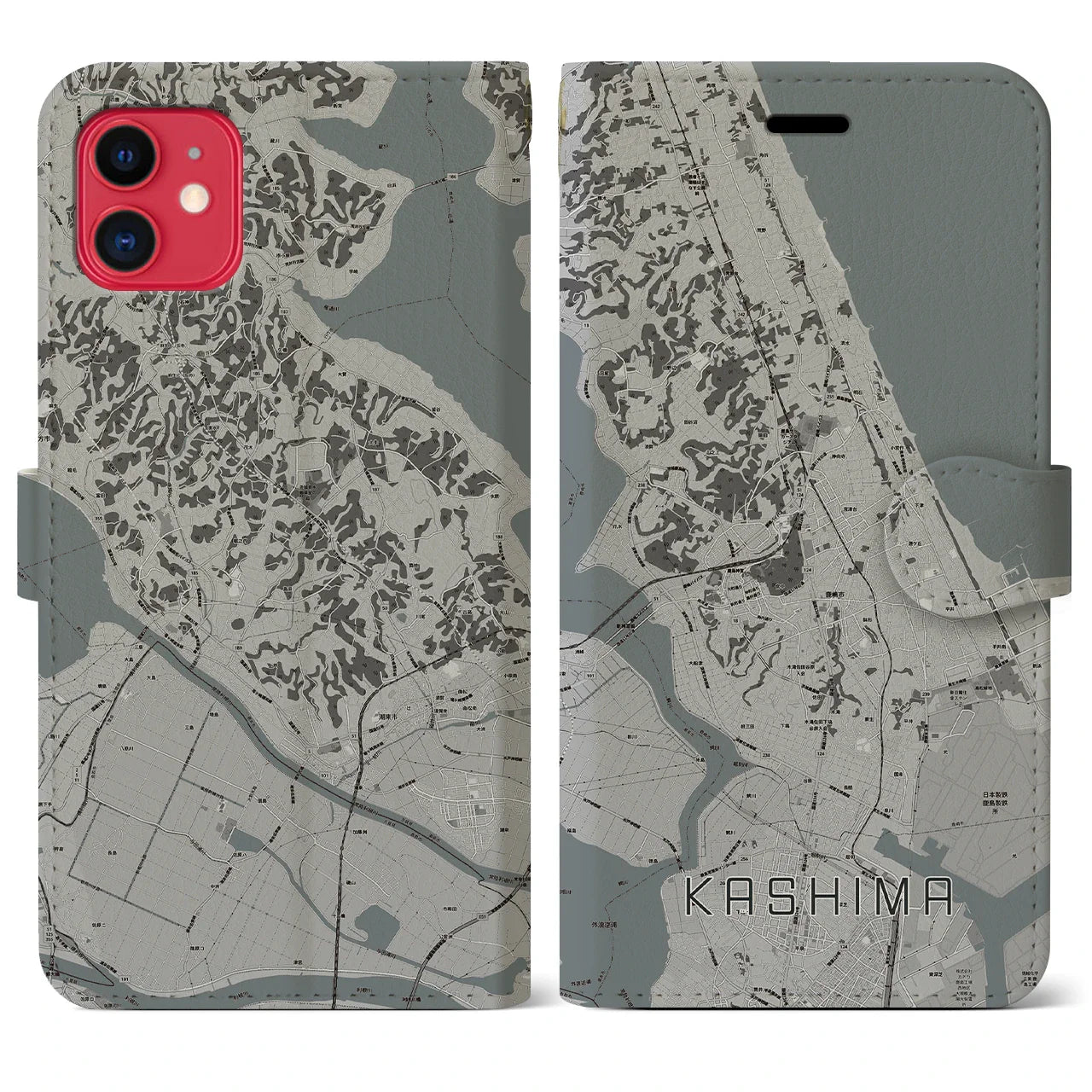 【鹿島(茨城県)】地図柄iPhoneケース(手帳タイプ)モノトーン・iPhone 11 用