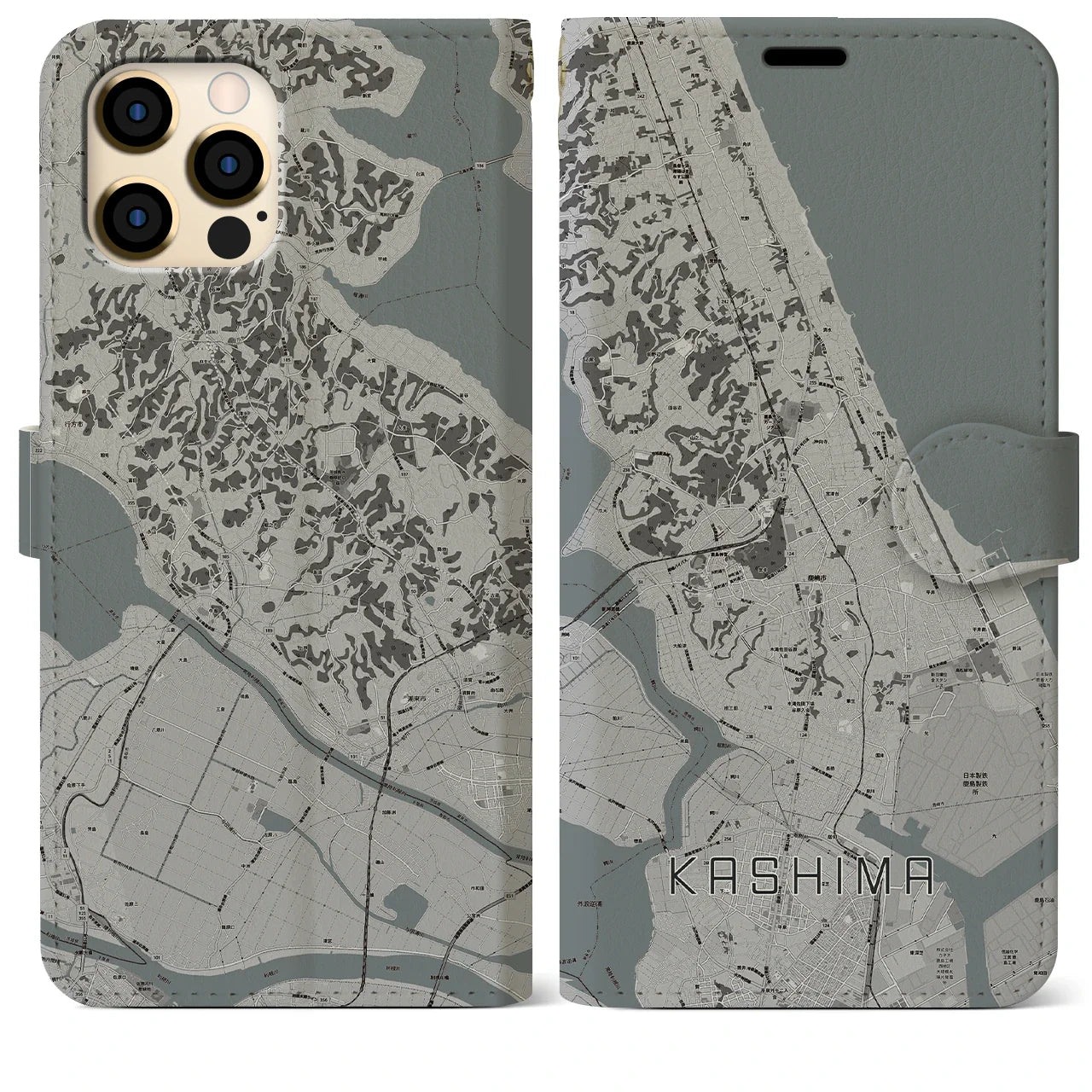 【鹿島(茨城県)】地図柄iPhoneケース(手帳タイプ)モノトーン・iPhone 12 Pro Max 用