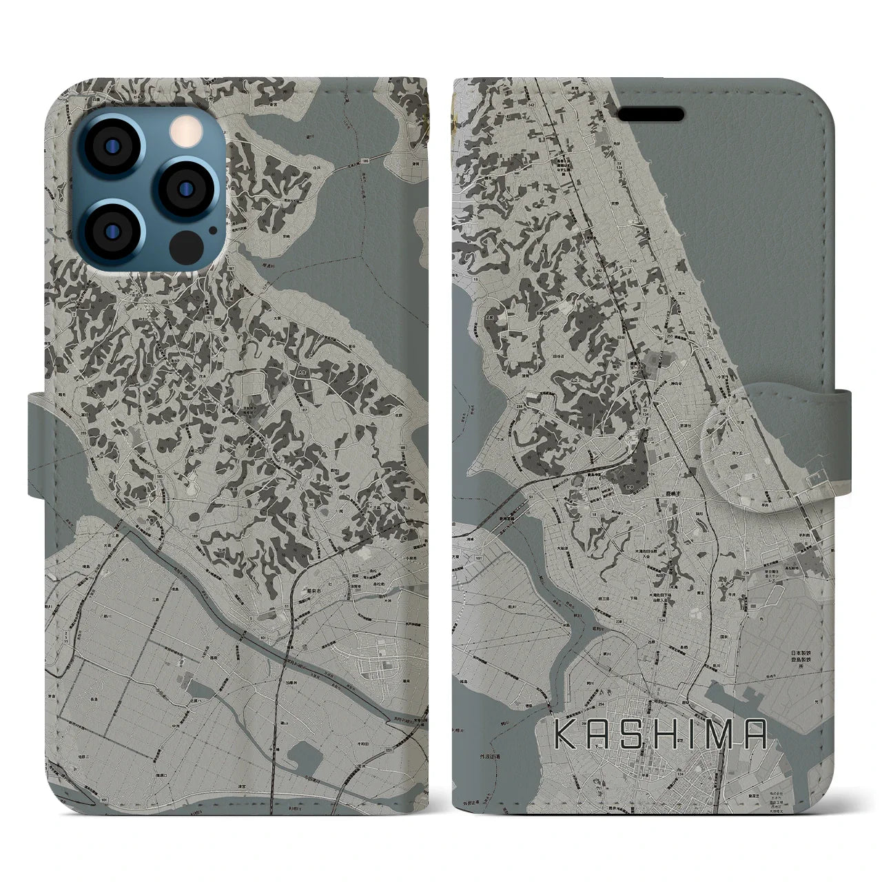 【鹿島(茨城県)】地図柄iPhoneケース(手帳タイプ)モノトーン・iPhone 12 / 12 Pro 用