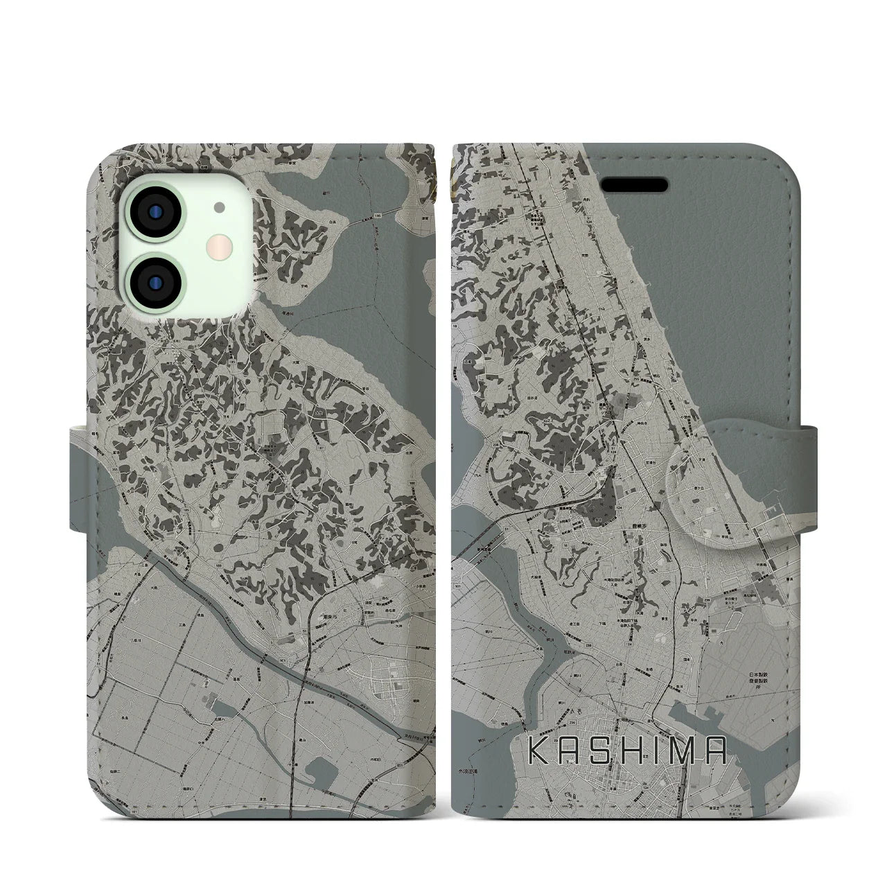 【鹿島(茨城県)】地図柄iPhoneケース(手帳タイプ)モノトーン・iPhone 12 mini 用