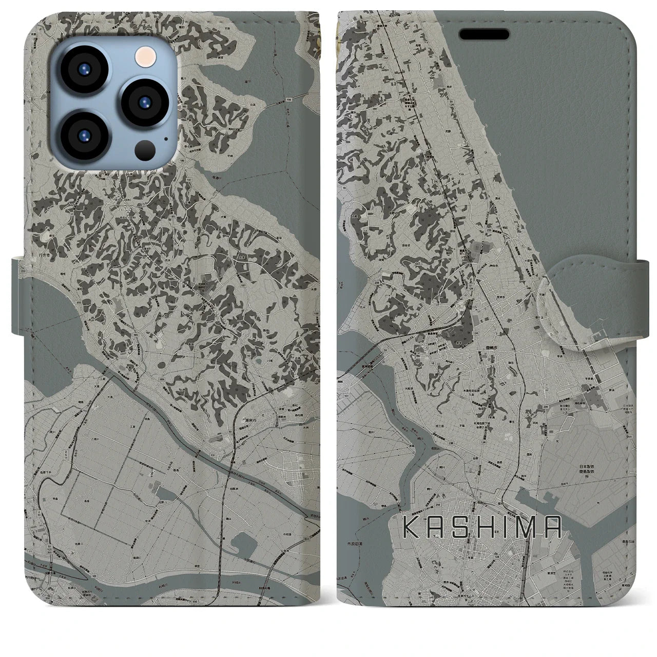 【鹿島(茨城県)】地図柄iPhoneケース(手帳タイプ)モノトーン・iPhone 13 Pro Max 用
