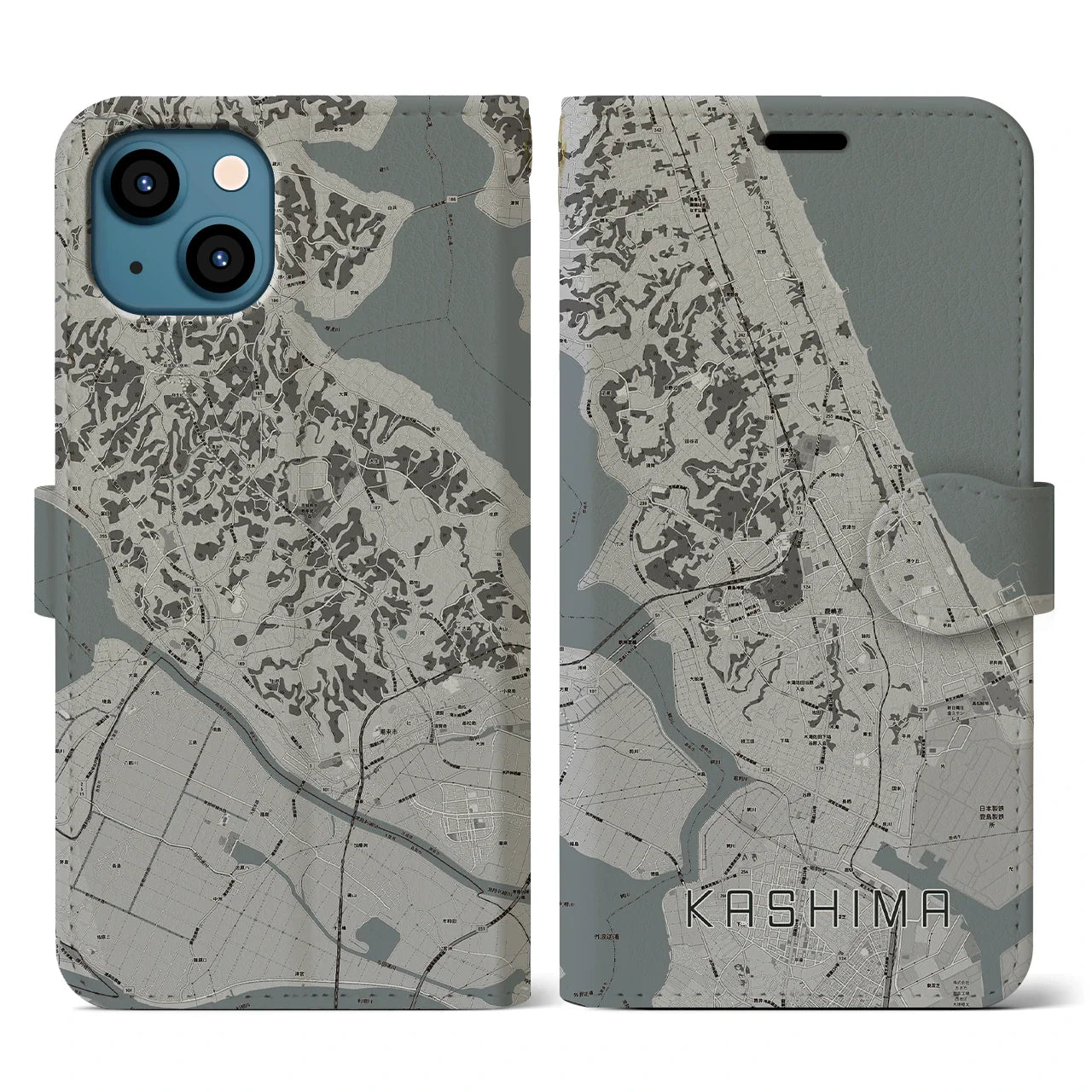 【鹿島(茨城県)】地図柄iPhoneケース(手帳タイプ)モノトーン・iPhone 13 用