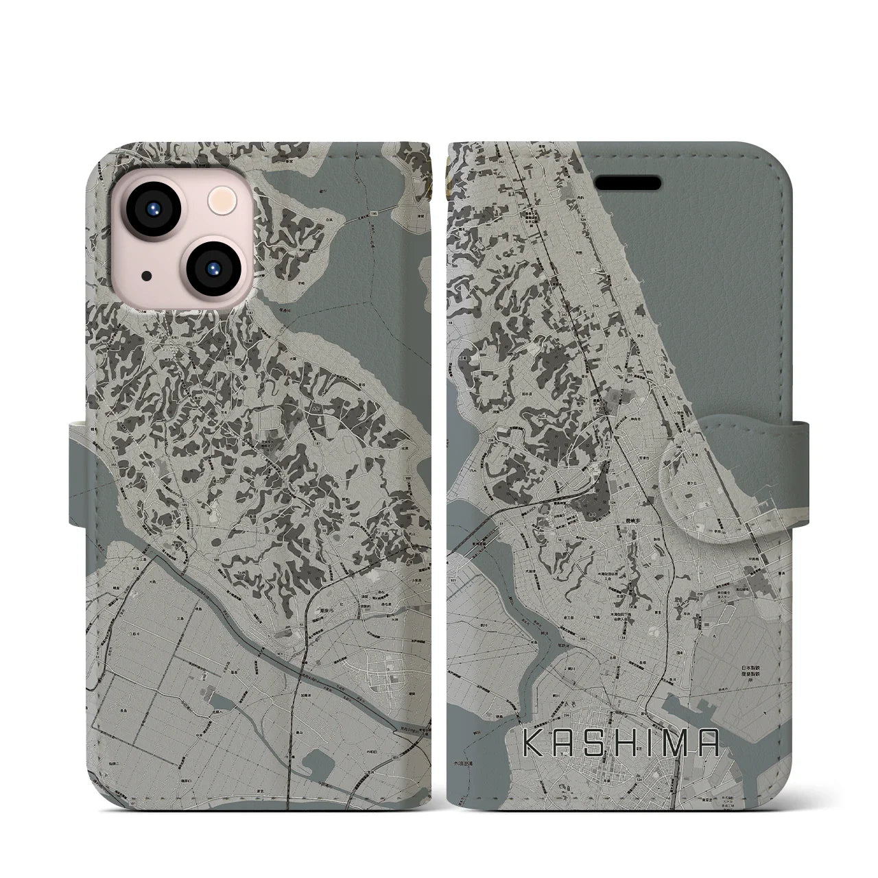 【鹿島(茨城県)】地図柄iPhoneケース(手帳タイプ)モノトーン・iPhone 13 mini 用
