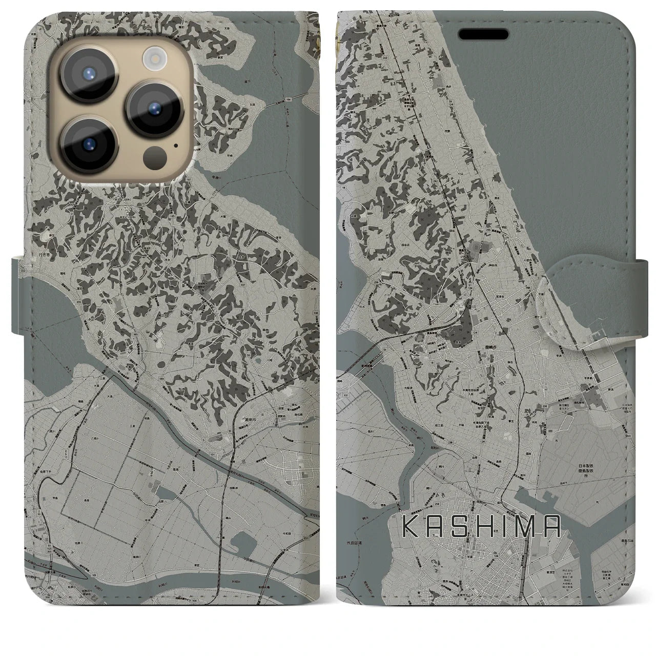 【鹿島(茨城県)】地図柄iPhoneケース(手帳タイプ)モノトーン・iPhone 14 Pro Max 用