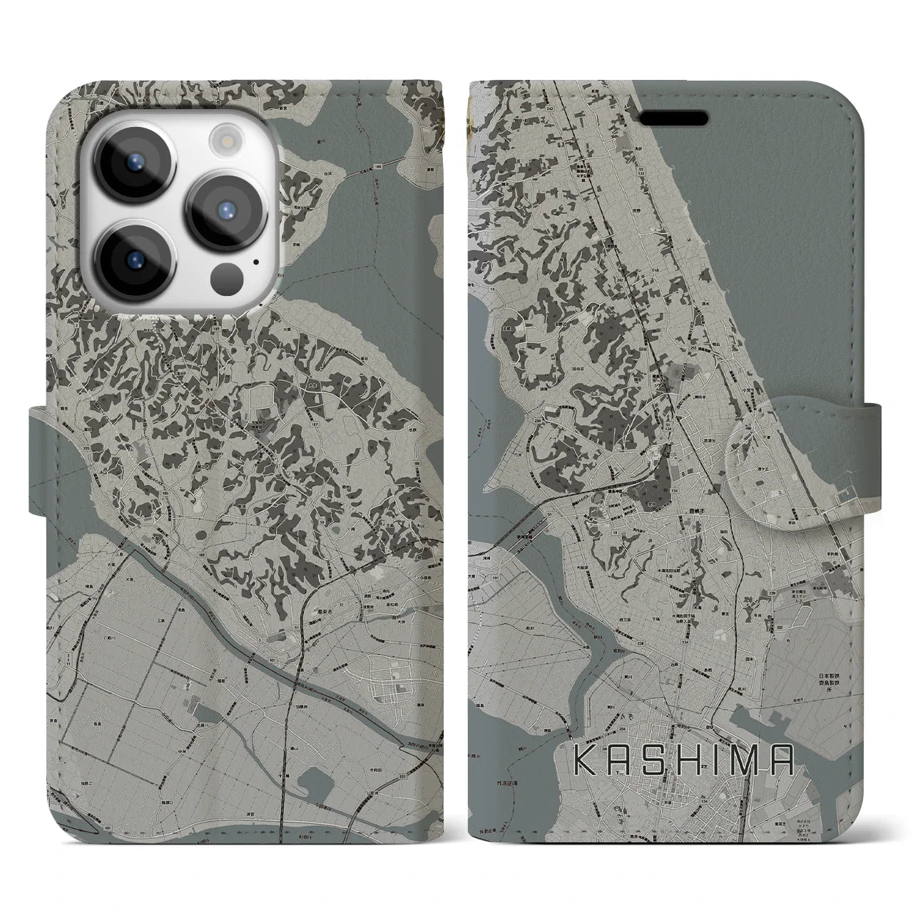 【鹿島(茨城県)】地図柄iPhoneケース(手帳タイプ)モノトーン・iPhone 14 Pro 用