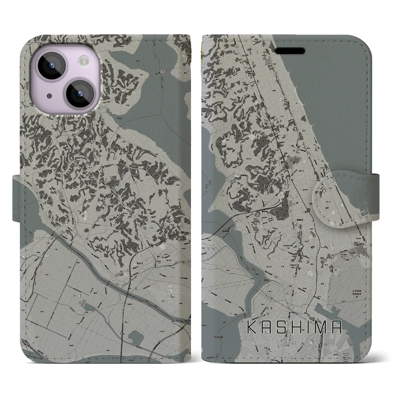 【鹿島(茨城県)】地図柄iPhoneケース(手帳タイプ)モノトーン・iPhone 14 用