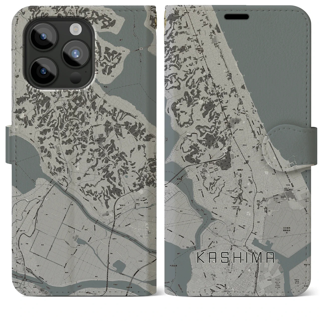 【鹿島(茨城県)】地図柄iPhoneケース(手帳タイプ)モノトーン・iPhone 15 Pro Max 用