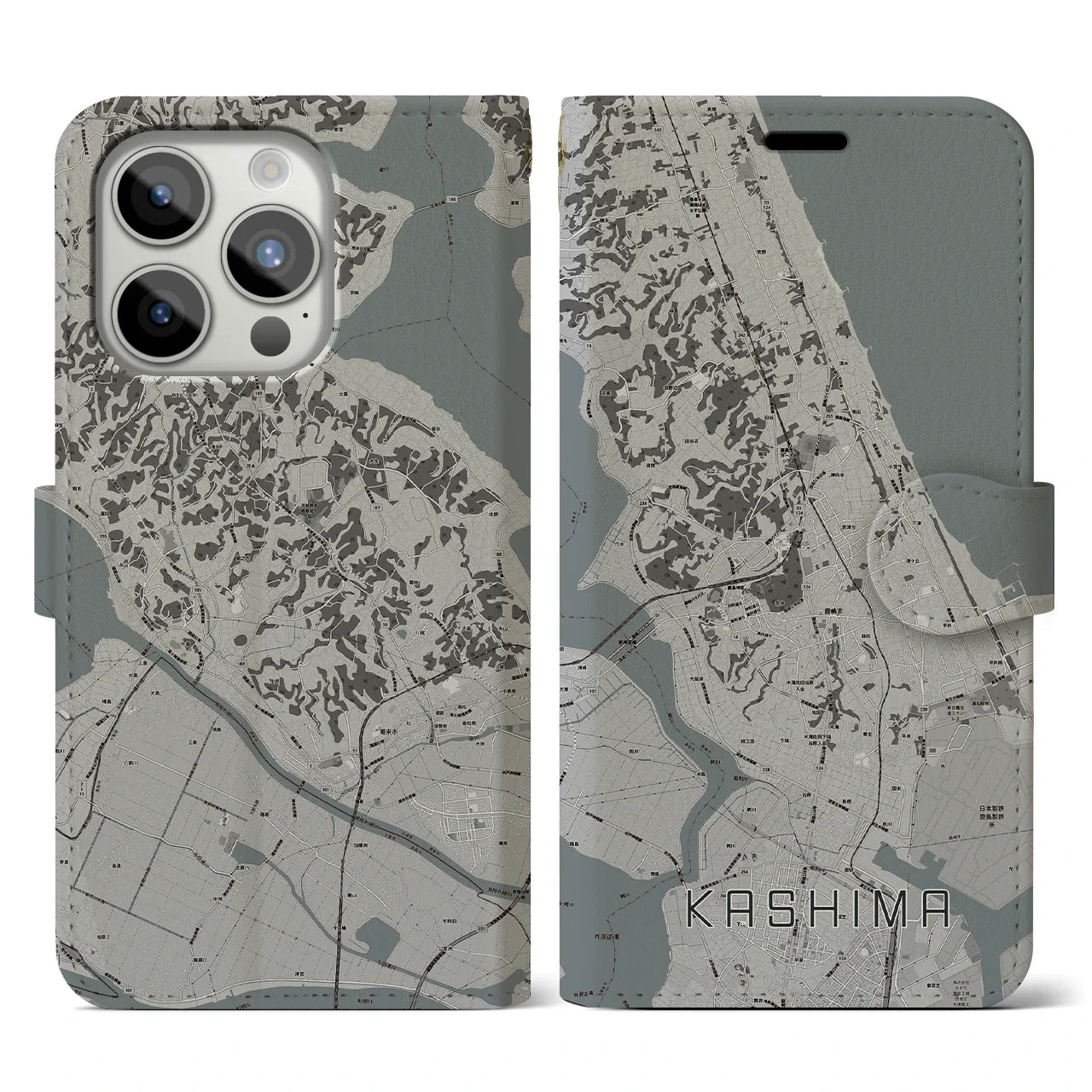 【鹿島(茨城県)】地図柄iPhoneケース(手帳タイプ)モノトーン・iPhone 15 Pro 用