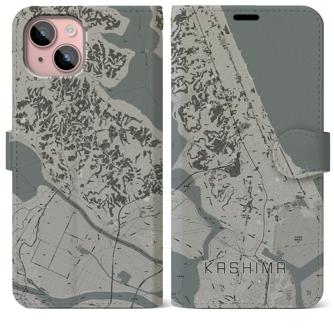 【鹿島(茨城県)】地図柄iPhoneケース(手帳タイプ)モノトーン・iPhone 15 Plus 用