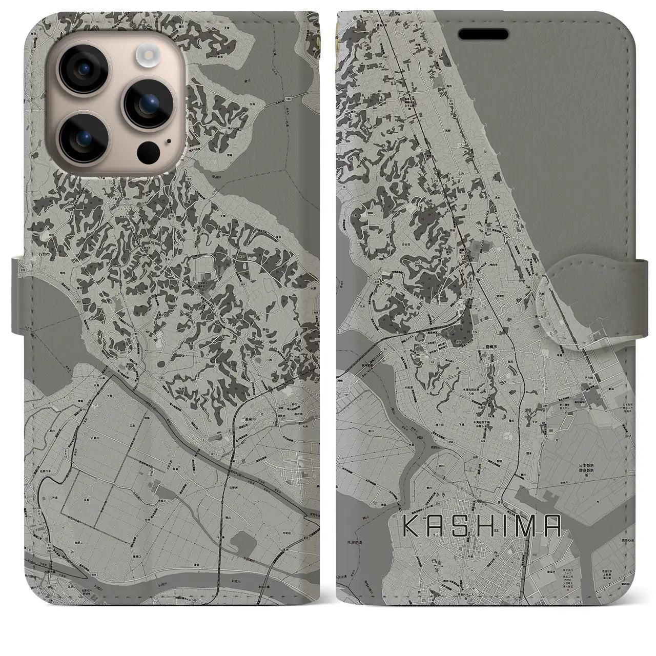 【鹿島(茨城県)】地図柄iPhoneケース(手帳タイプ)モノトーン・iPhone 16 Plus 用
