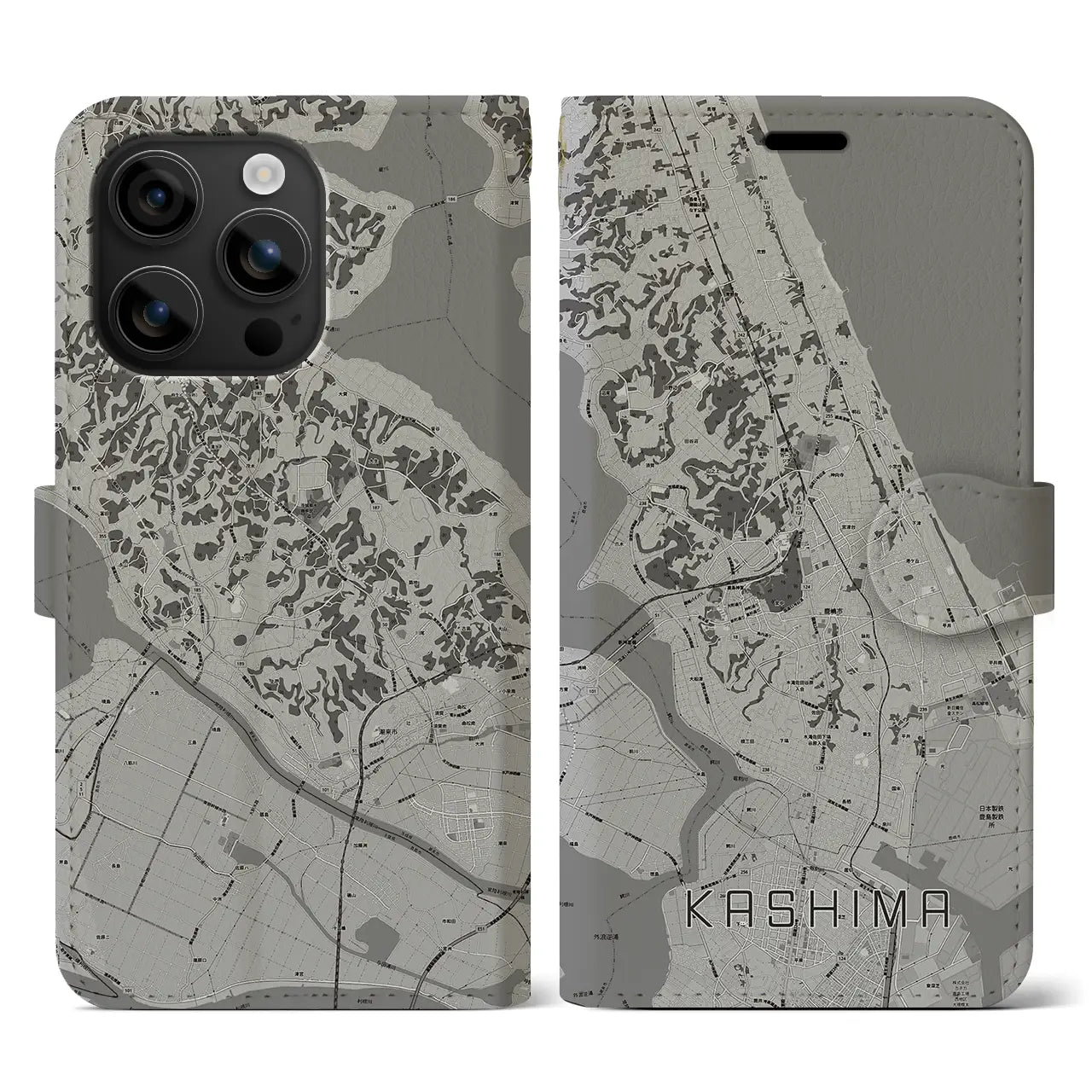 【鹿島(茨城県)】地図柄iPhoneケース(手帳タイプ)モノトーン・iPhone 16 用