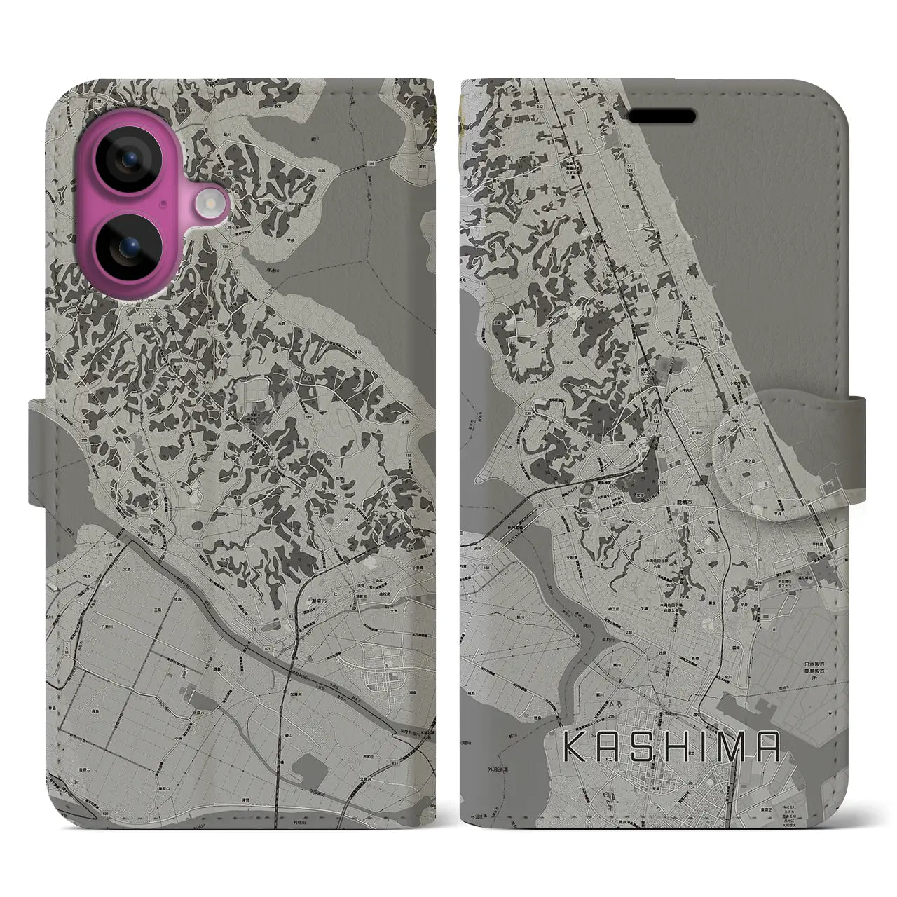 【鹿島(茨城県)】地図柄iPhoneケース(手帳タイプ)モノトーン・iPhone 16 Pro 用