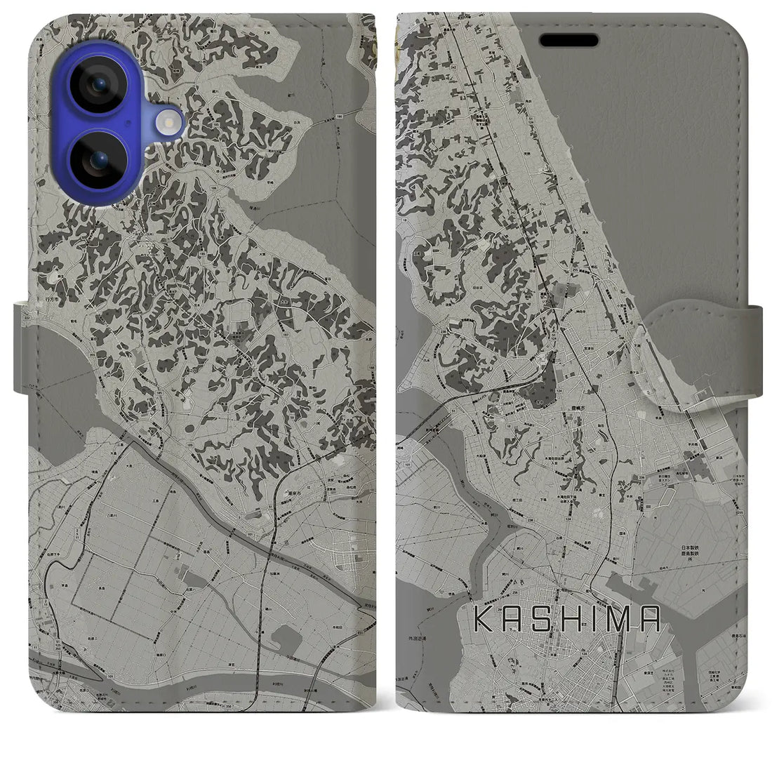 【鹿島(茨城県)】地図柄iPhoneケース(手帳タイプ)モノトーン・iPhone 16 Pro Max 用