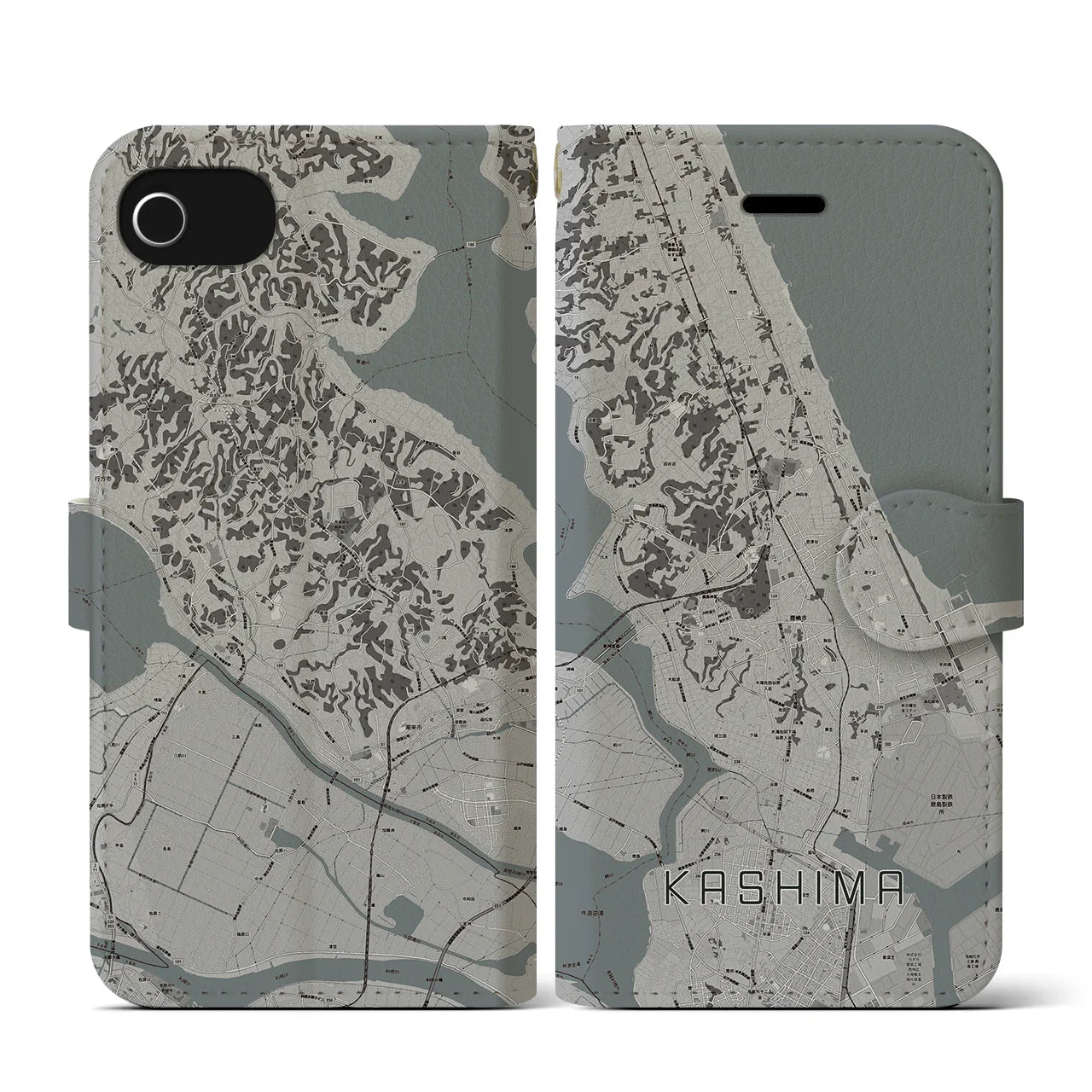 【鹿島(茨城県)】地図柄iPhoneケース(手帳タイプ)モノトーン・iPhone SE(第3 / 第2世代) / 8 / 7 / 6s / 6 用