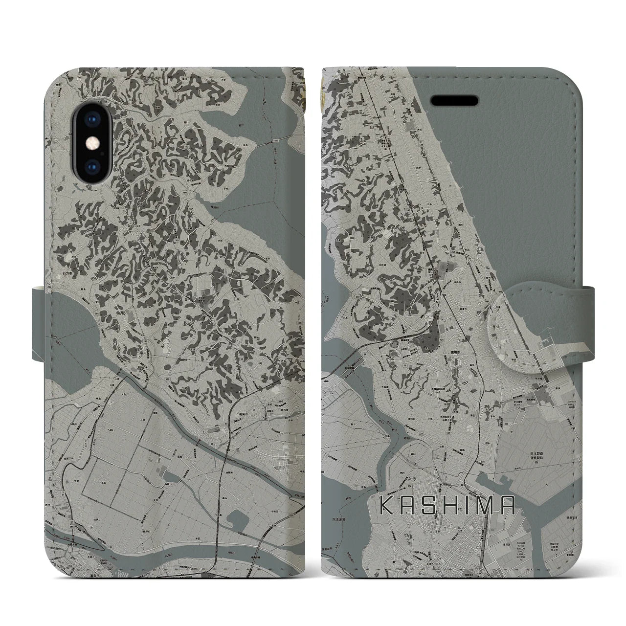【鹿島(茨城県)】地図柄iPhoneケース(手帳タイプ)モノトーン・iPhone XS / X 用