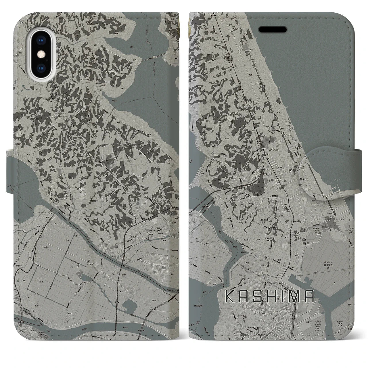 【鹿島(茨城県)】地図柄iPhoneケース(手帳タイプ)モノトーン・iPhone XS Max 用