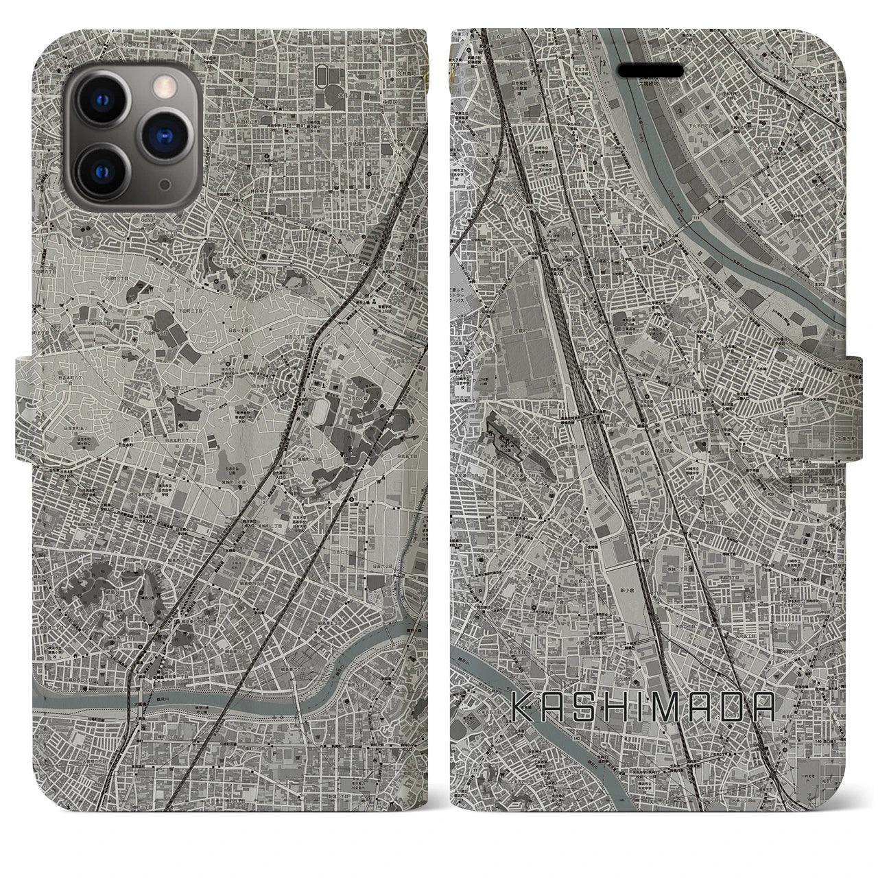 【鹿島田(神奈川県)】地図柄iPhoneケース(手帳タイプ)モノトーン・iPhone 11 Pro Max 用