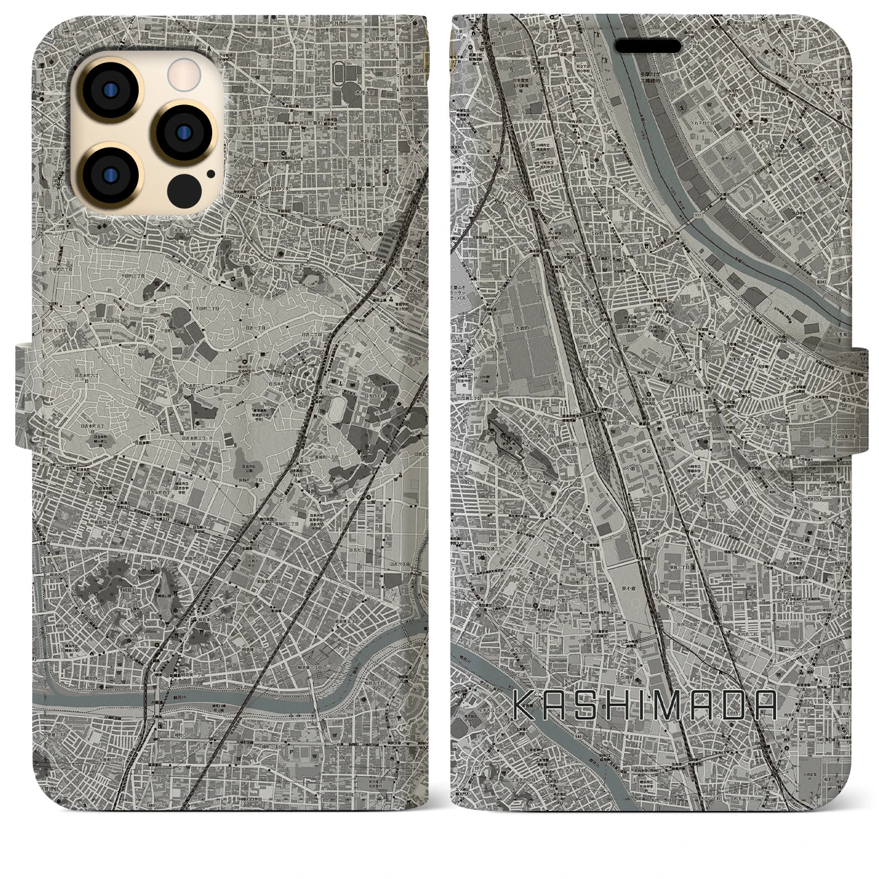 【鹿島田(神奈川県)】地図柄iPhoneケース(手帳タイプ)モノトーン・iPhone 12 Pro Max 用