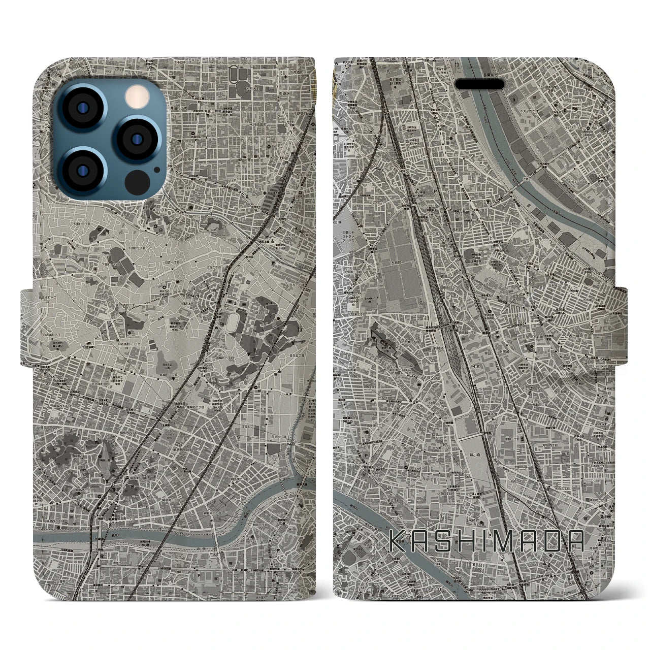 【鹿島田(神奈川県)】地図柄iPhoneケース(手帳タイプ)モノトーン・iPhone 12 / 12 Pro 用